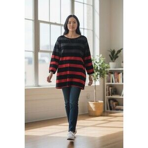 Weekends By Chicos Women's Knit Top Red Black Striped Rhinestones  3z (16/18 XL)